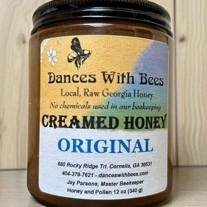 Jar of Dances With Bees original creamed honey from Georgia.