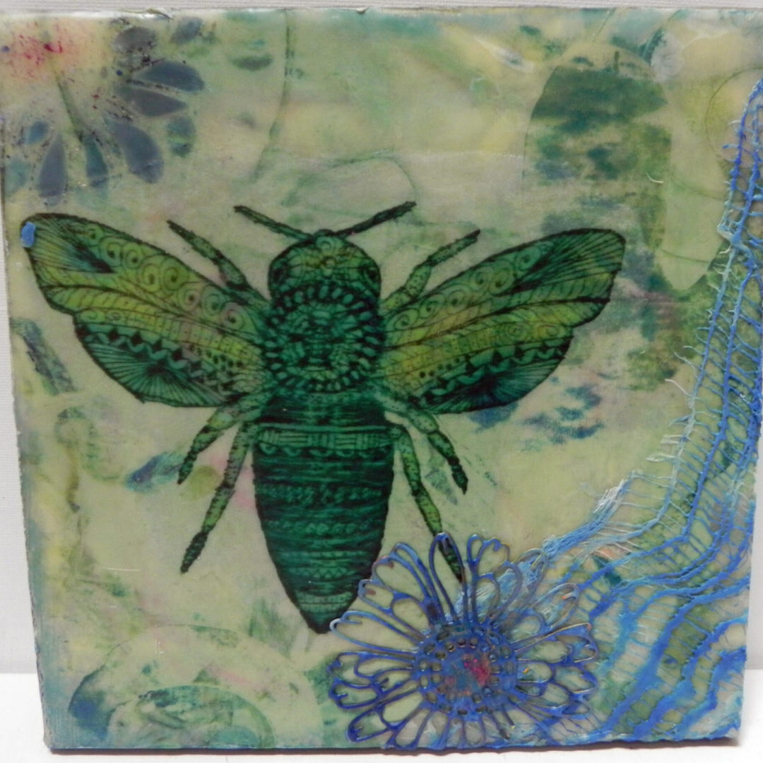 Artistic bee with intricate wing patterns on a pastel background.