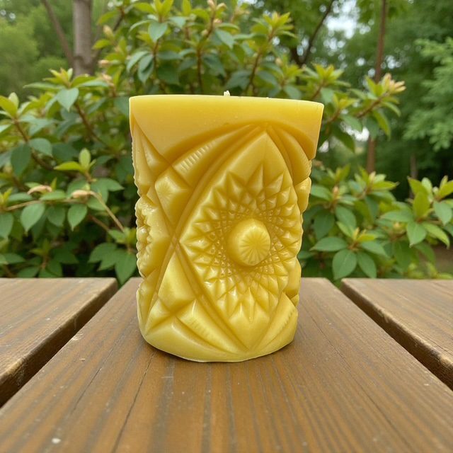 Intricately carved yellow candle on wooden table with green foliage background.