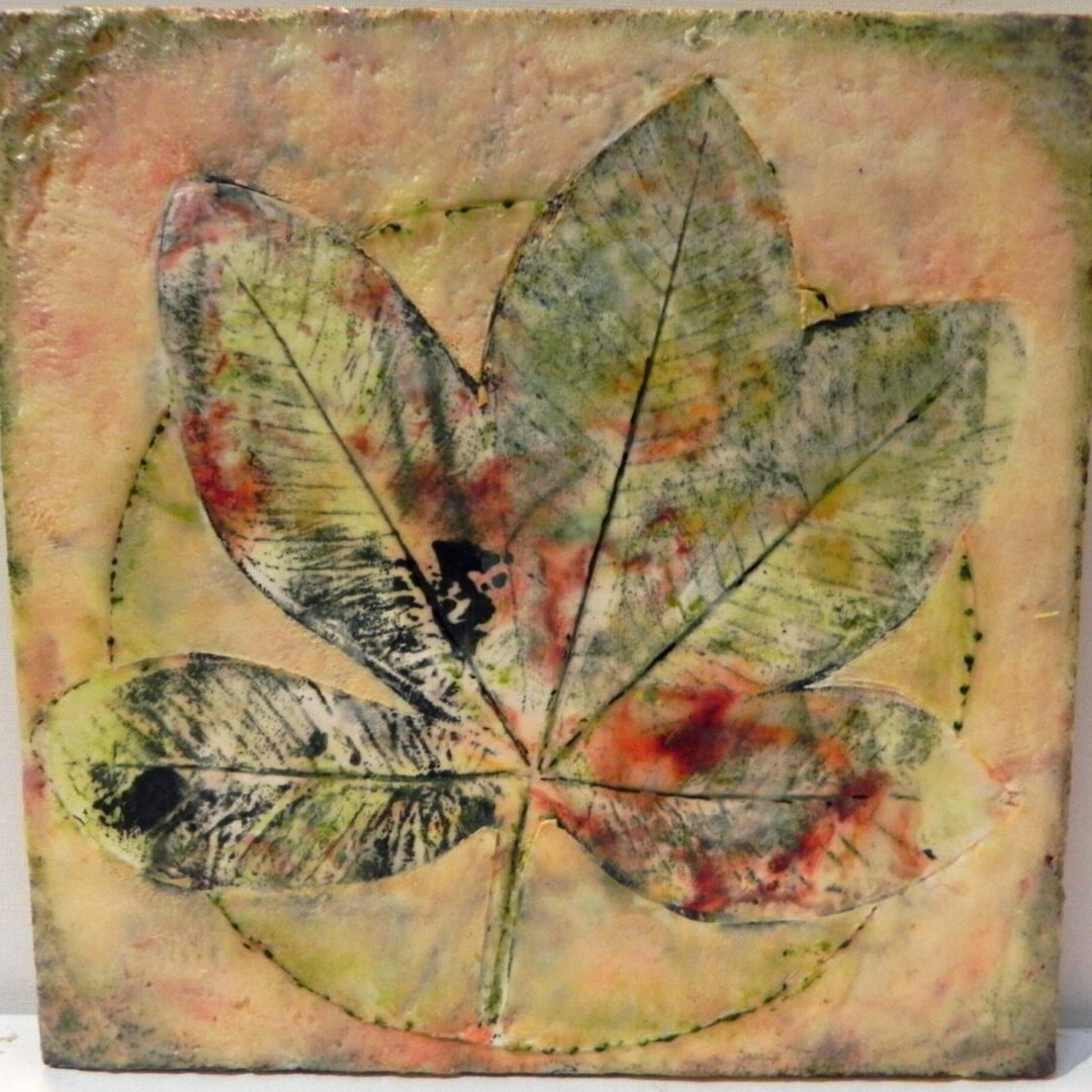 Artistic leaf print with textured, muted pastel colors on canvas.